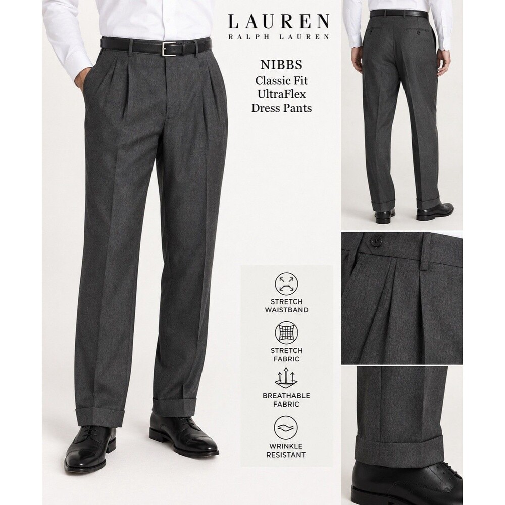 Lauren Ralph Lauren Nibbs Men 32x32 Charcoal Wool Pleated Cuffed Pants NWT